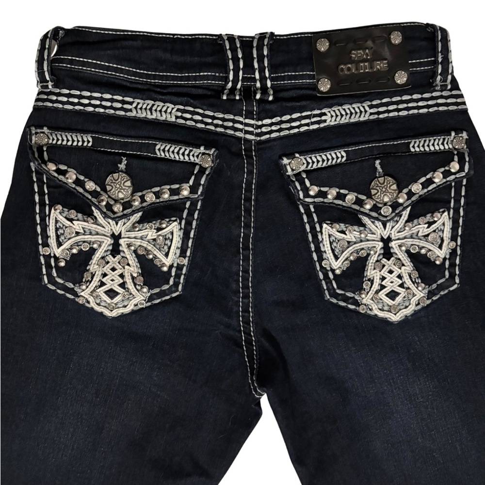 Sexy Couture Premium Denim Embroidered Cross Bootcut Jeans Size 3